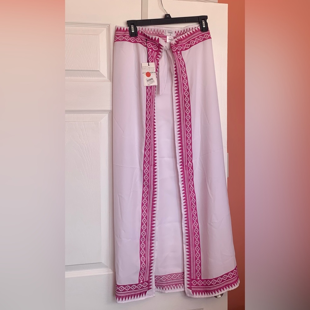White swimsuit cover-up Skirt with Pink Embroidered Trim